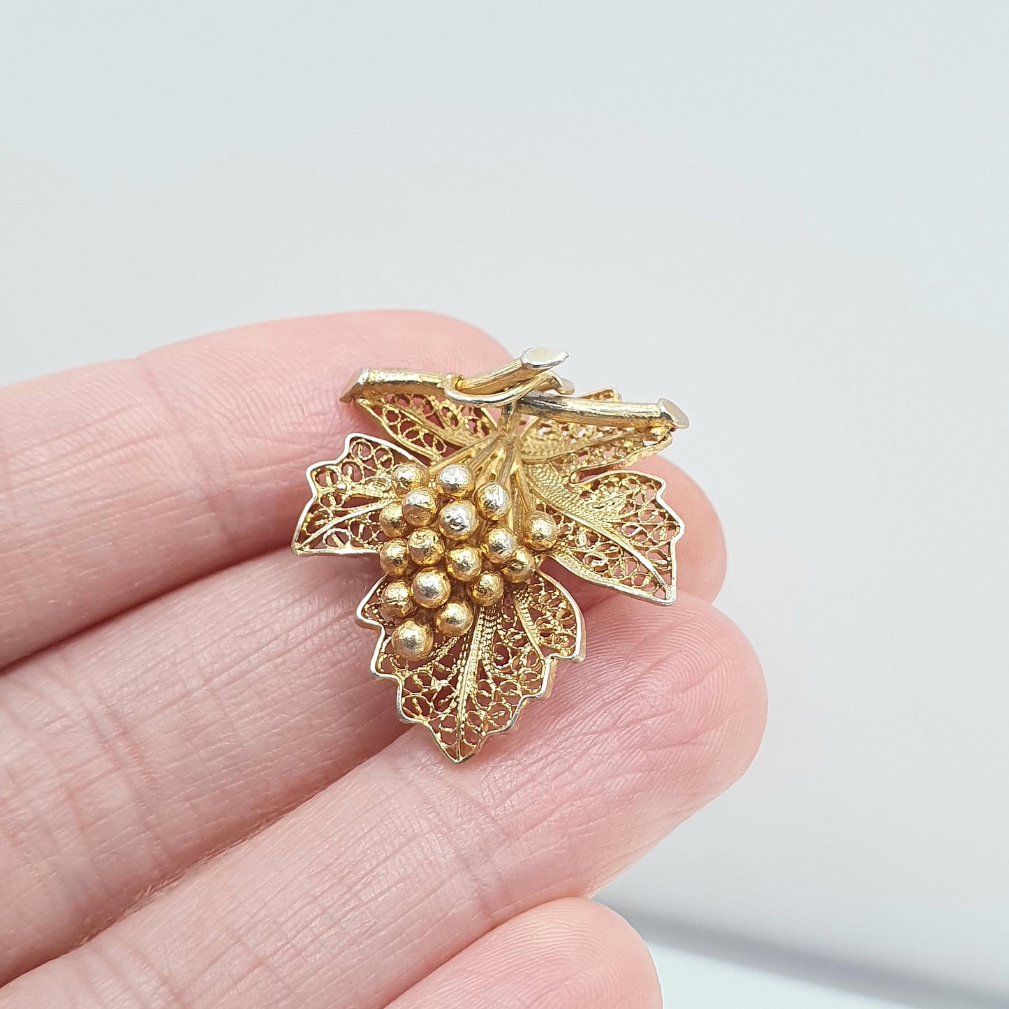 Old Vintage Solid Silver Gold Vermeil Grape Leaf Filigree Brooch Fruit Foreign Silver Stamp Ladies Womens Jewellery Jewelry