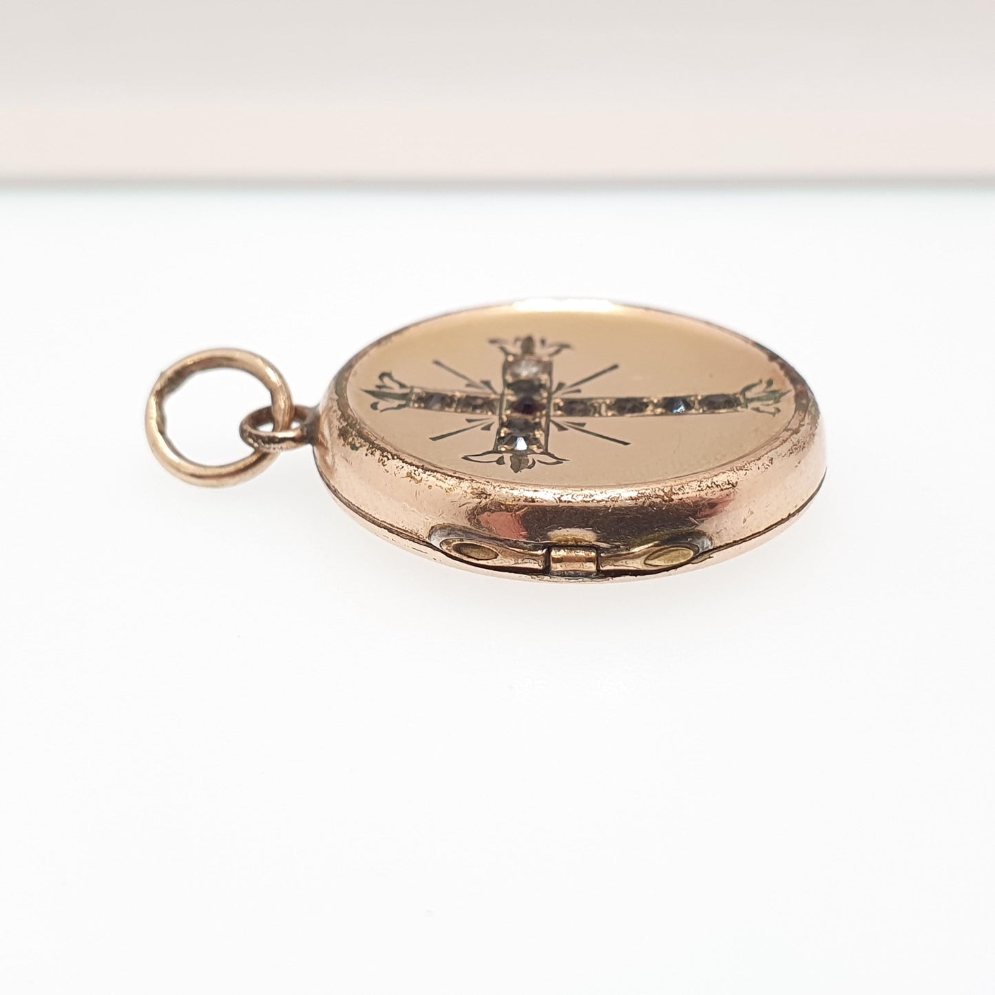 Antique Rolled Gold Filled Crucifix Paste Locket Cross Round Necklace Pendant Circle Photo Womens Vintage Jewelry Jewellery