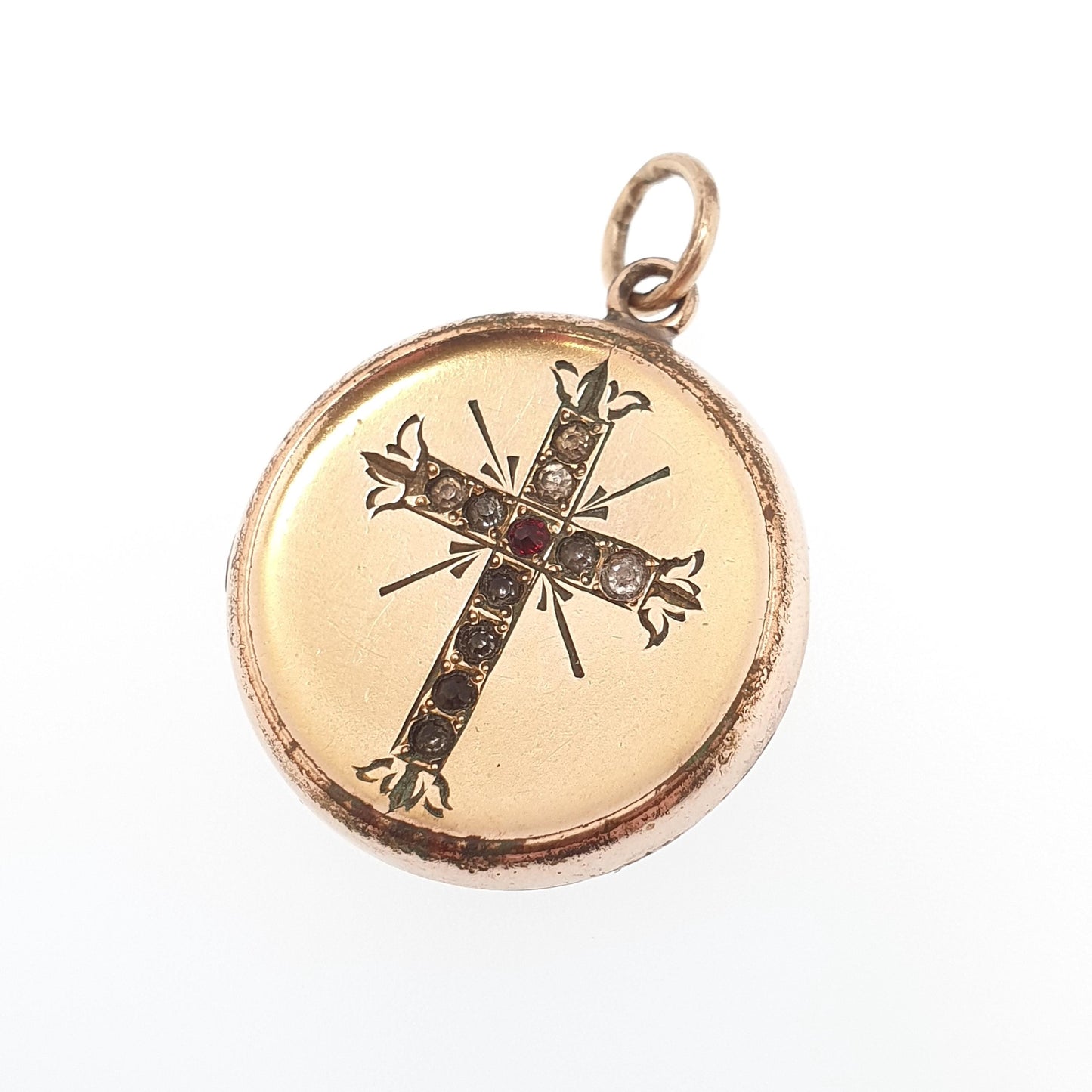 Antique Rolled Gold Filled Crucifix Paste Locket Cross Round Necklace Pendant Circle Photo Womens Vintage Jewelry Jewellery