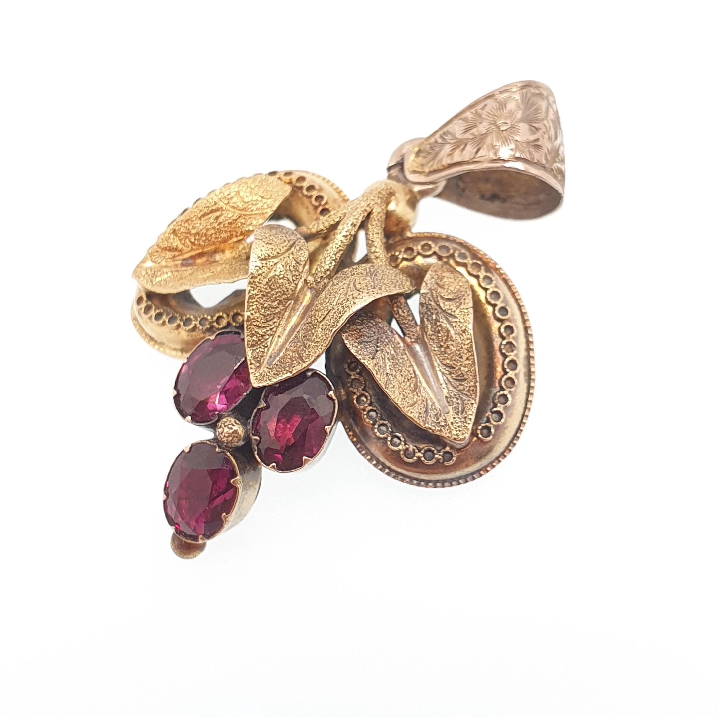Antique Georgian 15ct Gold Garnet Pendant Necklace Solid 15kt 625 Grapevine Grape Etruscan Foiled Gemstone Vintage