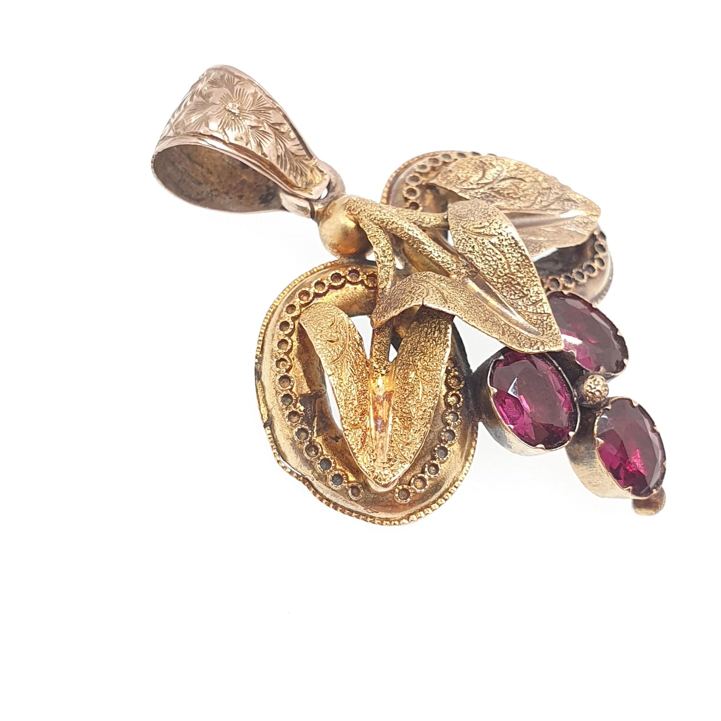 Antique Georgian 15ct Gold Garnet Pendant Necklace Solid 15kt 625 Grapevine Grape Etruscan Foiled Gemstone Vintage