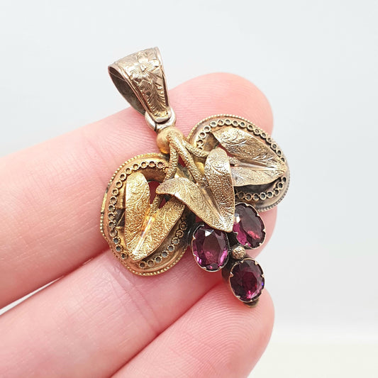 Antique Georgian 15ct Gold Garnet Pendant Necklace Solid 15kt 625 Grapevine Grape Etruscan Foiled Gemstone Vintage