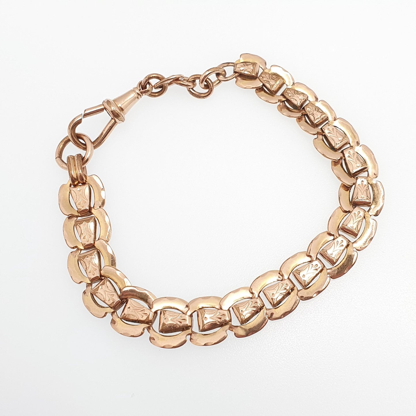 Antique Rolled Rose Gold Albert Chain Bracelet French Victorian Gold Filled Dog Clip Curb Link 20cm 14.03g Jewelry Jewellery Womens