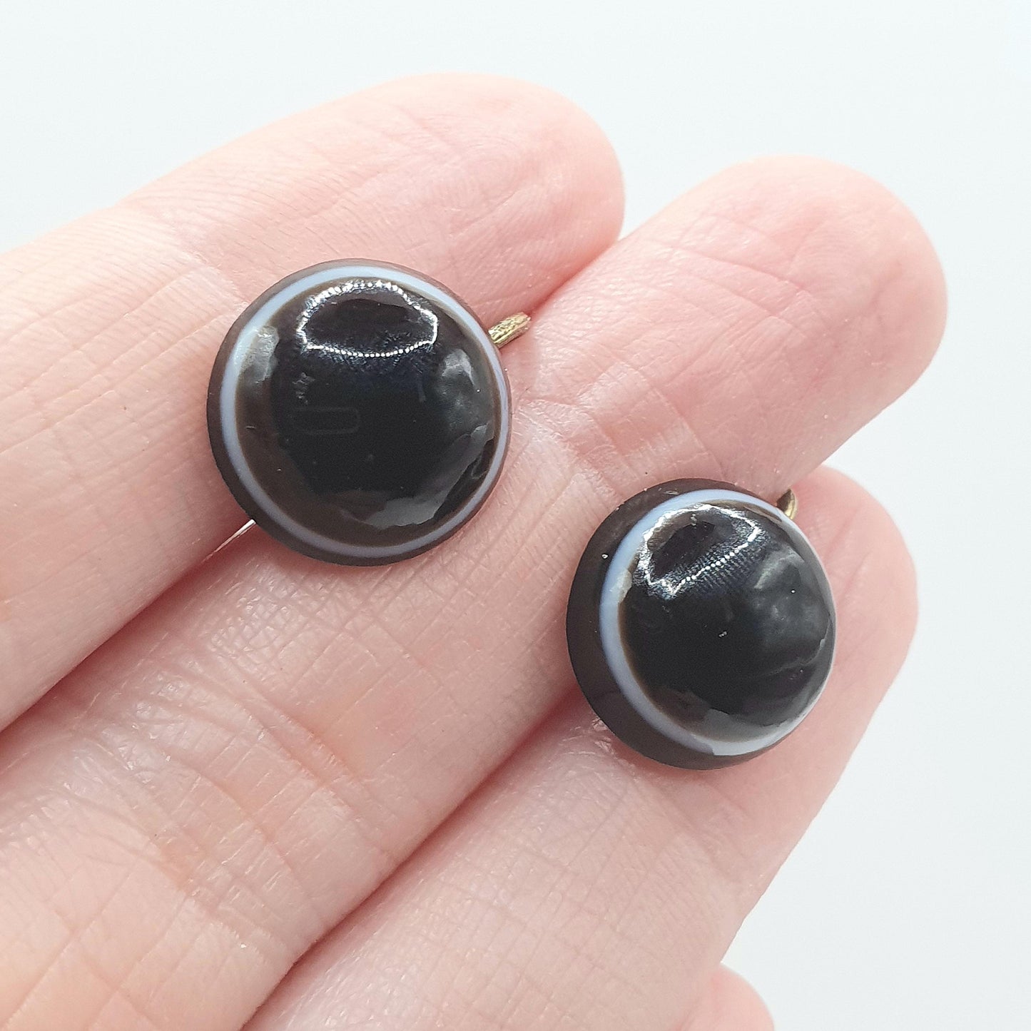 Antique Victorian Bulls Eye Agate Earrings Gold Gilt Genuine Quartz Gemstone Screw Back  Jewelry Jewellery Womens