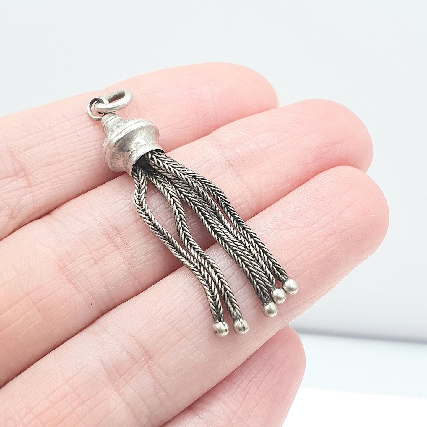 Antique Victorian Solid Silver Tassel Fob Pendant Charm Necklace Etruscan Beaded Mens Womens Jewellery Jewelry