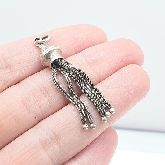Antique Victorian Solid Silver Tassel Fob Pendant Charm Necklace Etruscan Beaded Mens Womens Jewellery Jewelry