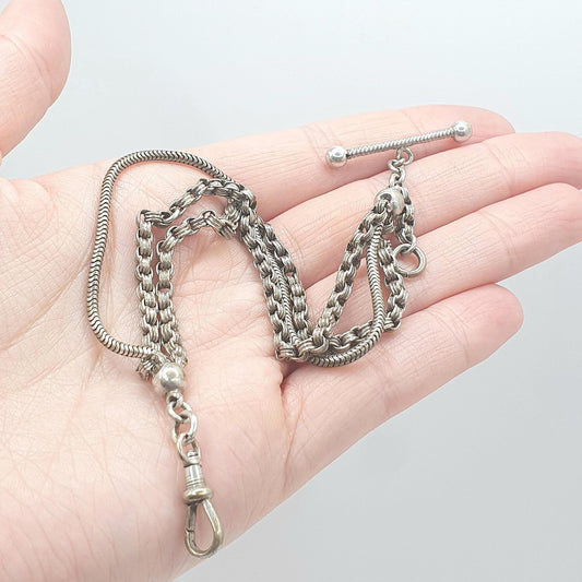Antique Victorian Silver Plate Albertina Bracelet With Dog Clip and T Bar Albert Chain Belcher Link Women Mens Jewelry Jewellery