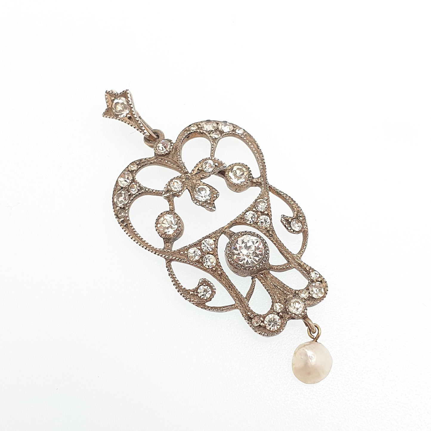 Antique Solid Silver Diamond Paste Pendant Art Nouveau Necklace Freshwater Pearl Hanging Vintage Womens Jewellery Jewelry