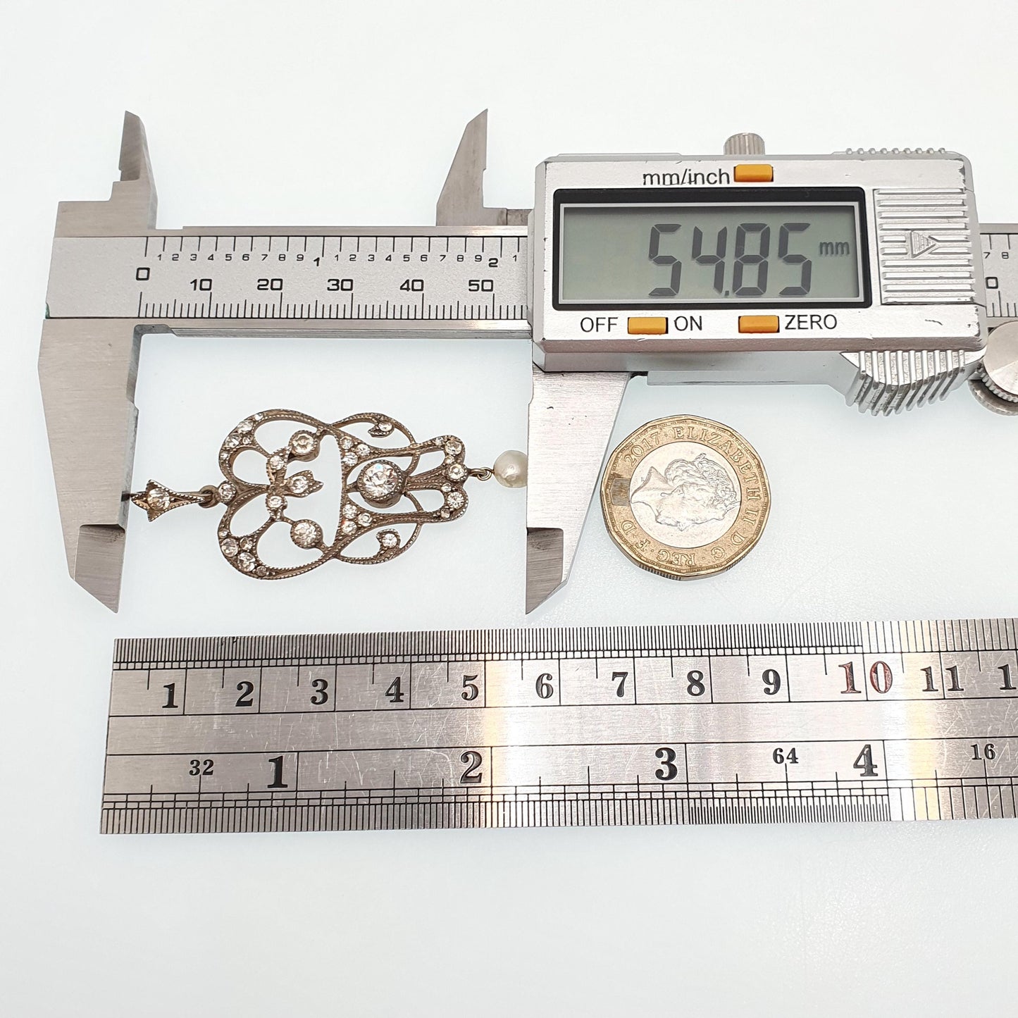 Antique Solid Silver Diamond Paste Pendant Art Nouveau Necklace Freshwater Pearl Hanging Vintage Womens Jewellery Jewelry