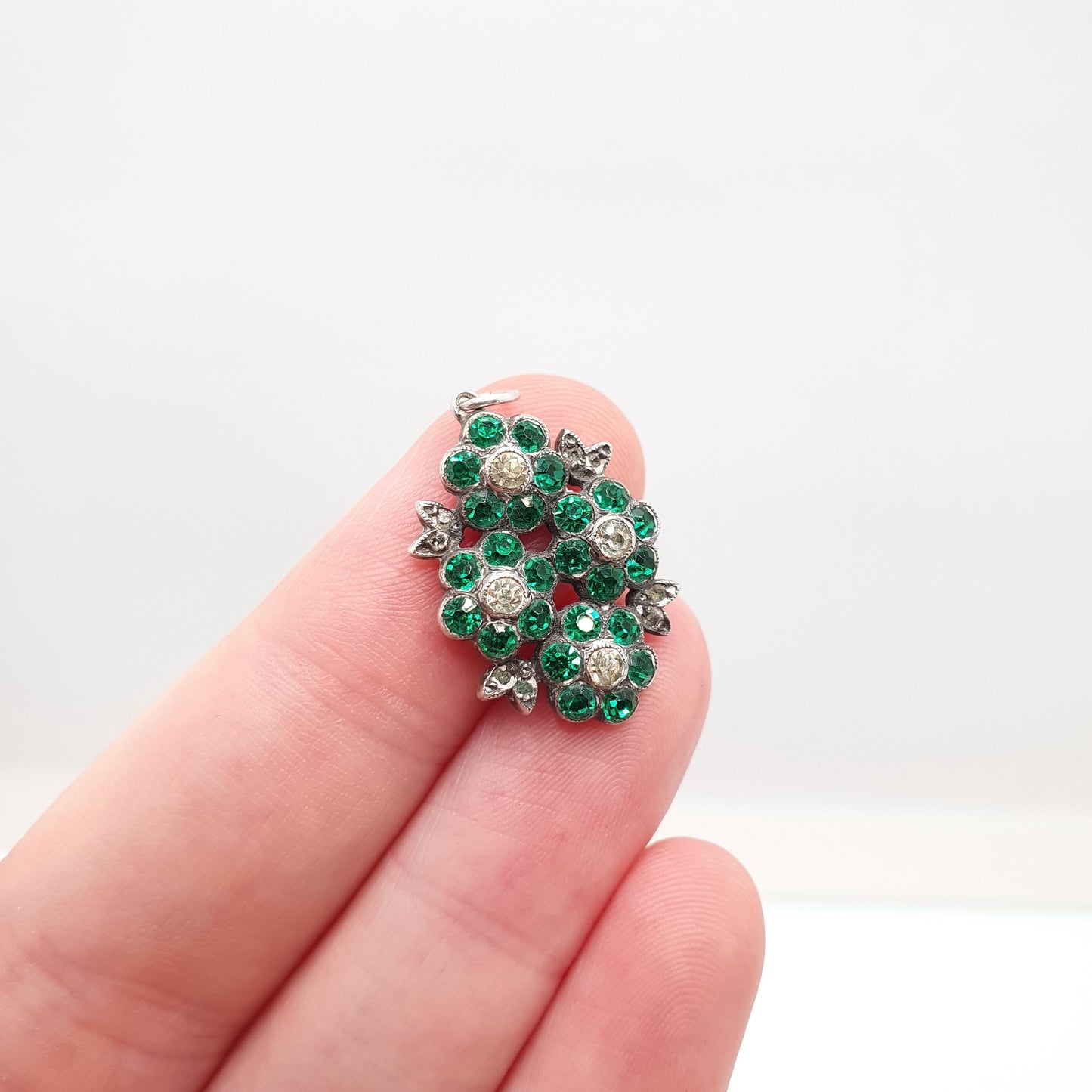 Antique Victorian Solid Silver Diamond Emerald Paste Necklace Pendant Flower Cluster Vintage Jewellery Jewelry