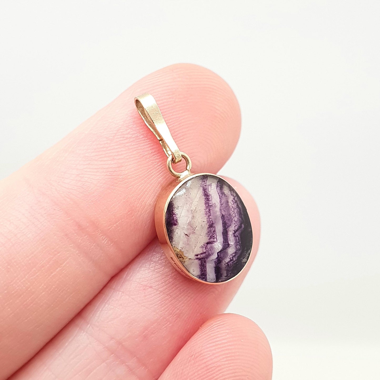 Vintage Blue John 9ct Gold Necklace Pendant Solid 9k 9kt 1981 Hallmarked Small Oval Bleu Jaune Rare Gemstone Jewelry Jewellery