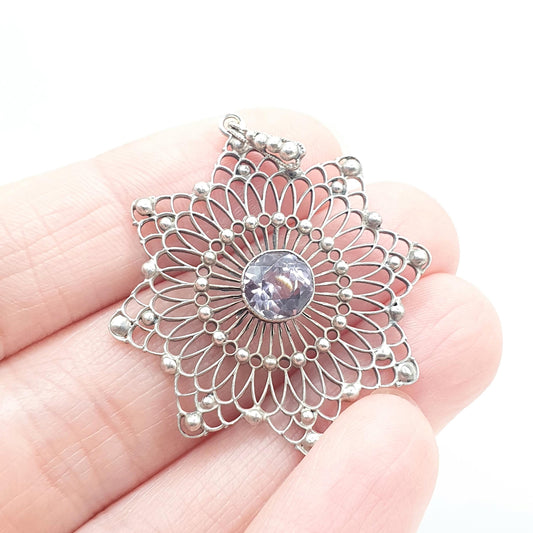 Antique Solid Silver Amethyst Star Filigree Pendant Celestial Handmade Purple Gemstone Delicate Vintage Womens Necklace Jewellery Jewelry