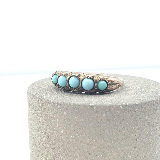 Antique Victorian Faux Turquoise Rose Rolled Gold Ring Blue 5 Stone 1800s Gift Womens Vintage Jewelry Jewellery