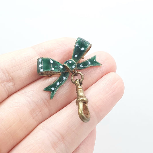 Antique Victorian Gold Gilt Enamel Bow Brooch with Dog Clip Green White Polka Dot Womens Ladies Jewelry Jewellery Vintage