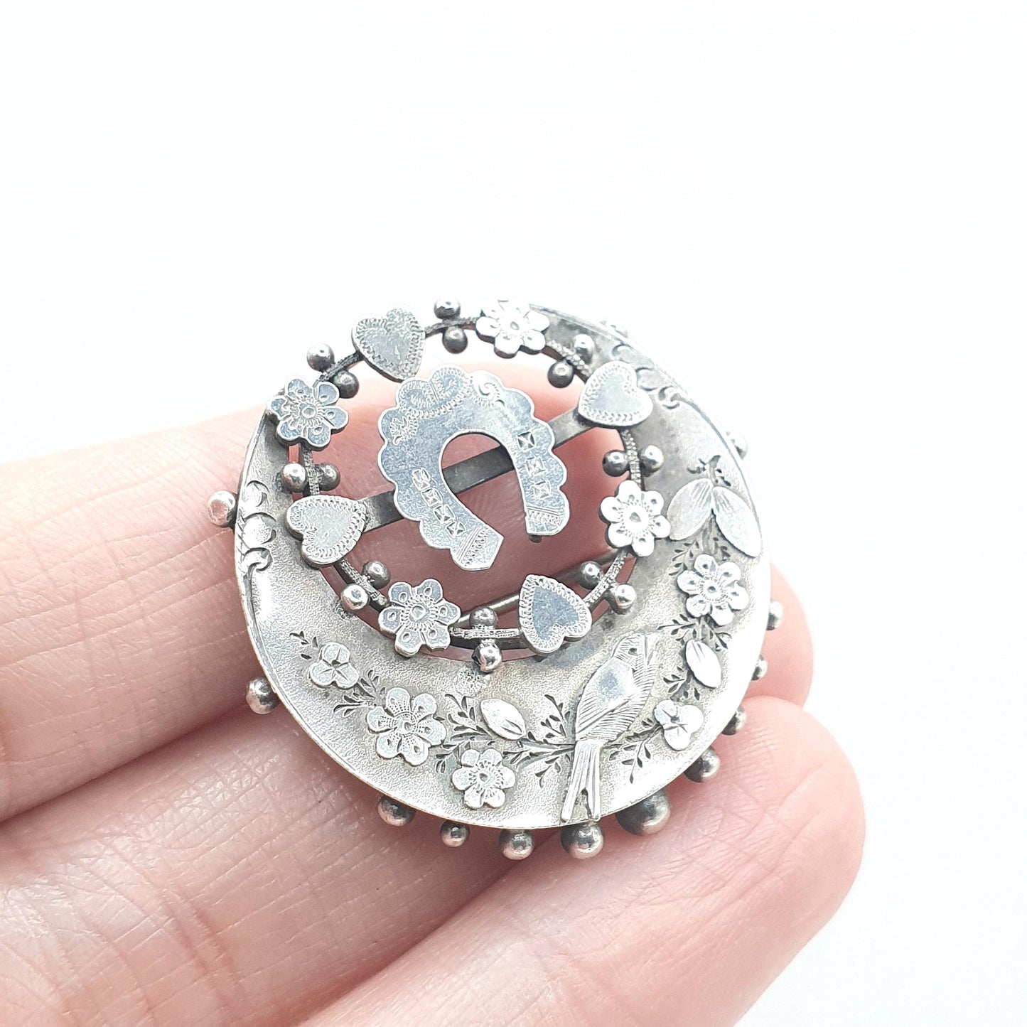 Antique Victorian Sterling Silver Sweetheart Brooch Bird Horseshoe Crescent Lucky Gold Luck 1892 Womens Jewelry Jewellery