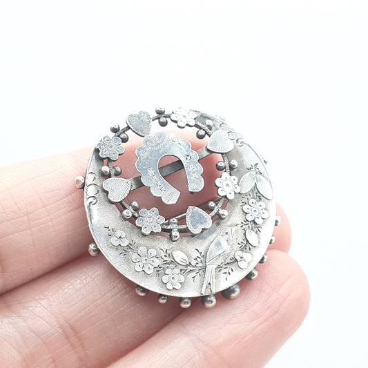Antique Victorian Sterling Silver Sweetheart Brooch Bird Horseshoe Crescent Lucky Gold Luck 1892 Womens Jewelry Jewellery