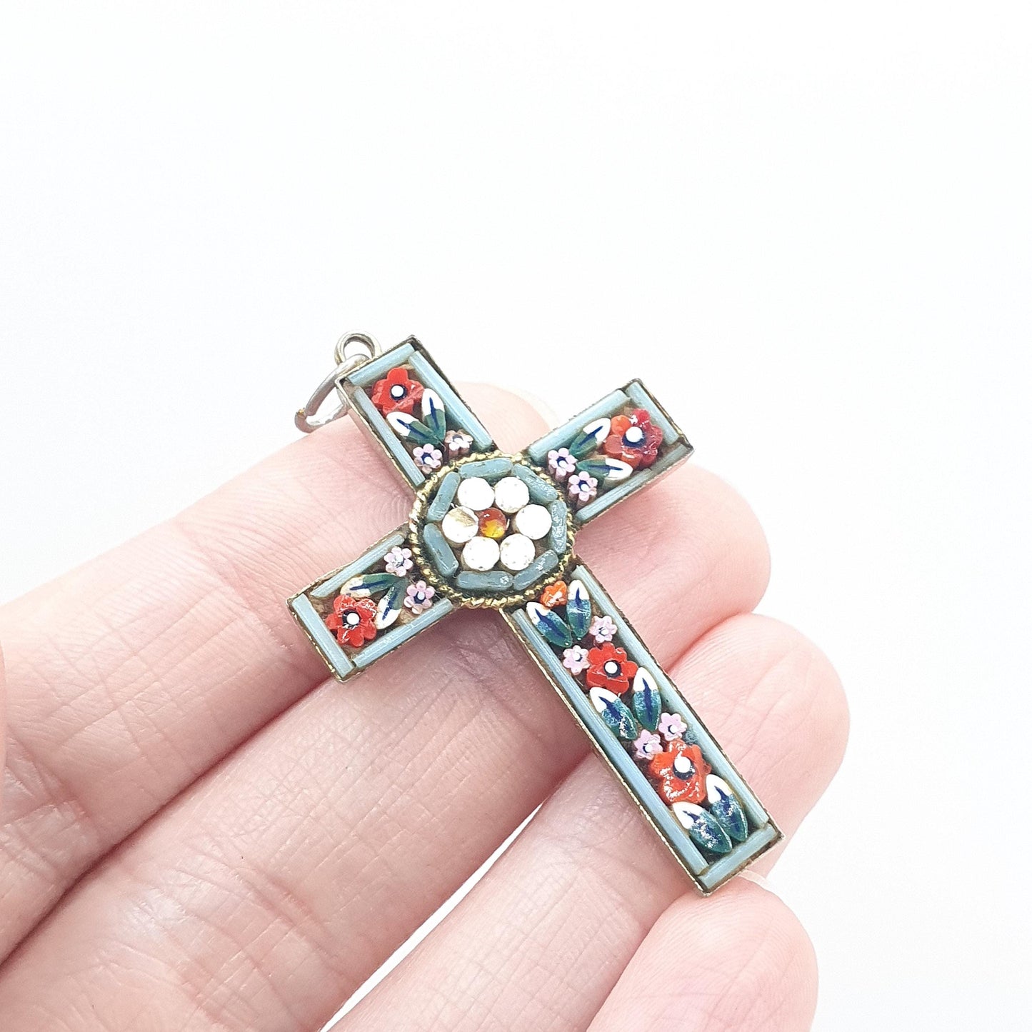 Antique Micromosaic Cross Crucifix Pendant Micro Mosaic Tiles Silver Tone Base Metal Italian Vintage Necklace Jewelry Jewellery