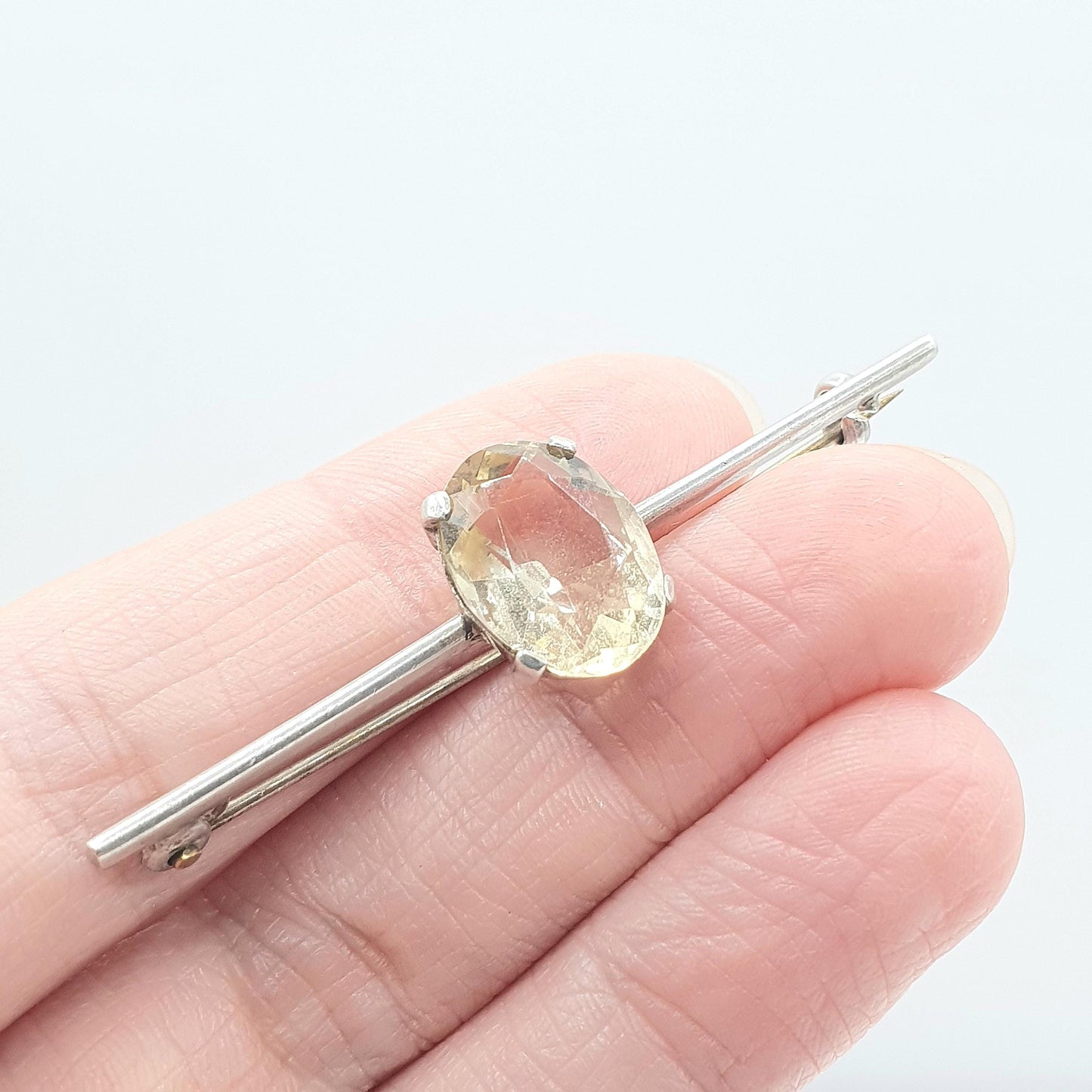 Antique Solid Silver Citrine Bar Brooch Oval Cut Natural Gemstone Bar Pin Yellow Womens Unisex Jewelry Jewellery