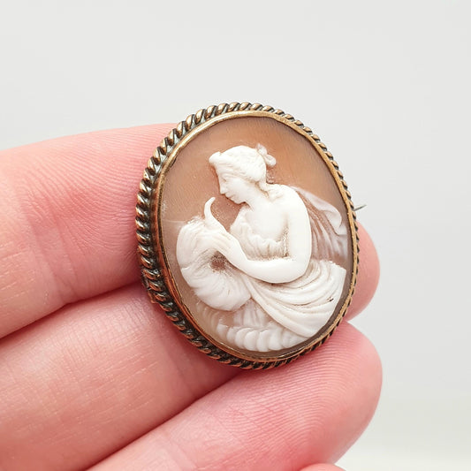 Antique Victorian Cameo Brooch Aphrodite Lady with a Bird Pendant Rolled Gold Filled Hand Carved Shell Vintage Jewelry Jewellery