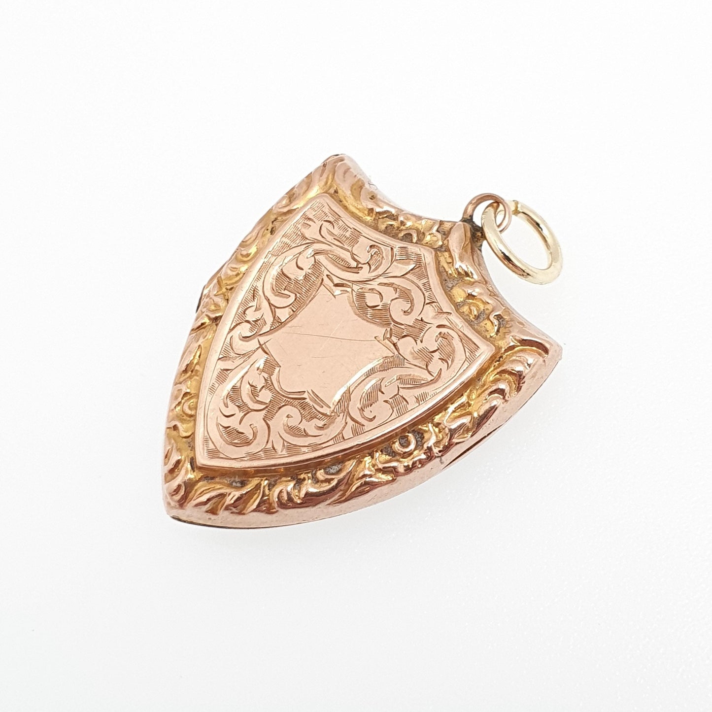 Antique Victorian 9ct Gold Shield Locket 9kt 9k Rose Back and Front Pendant Engraved Picture Photo Vintage Jewellery Jewelry