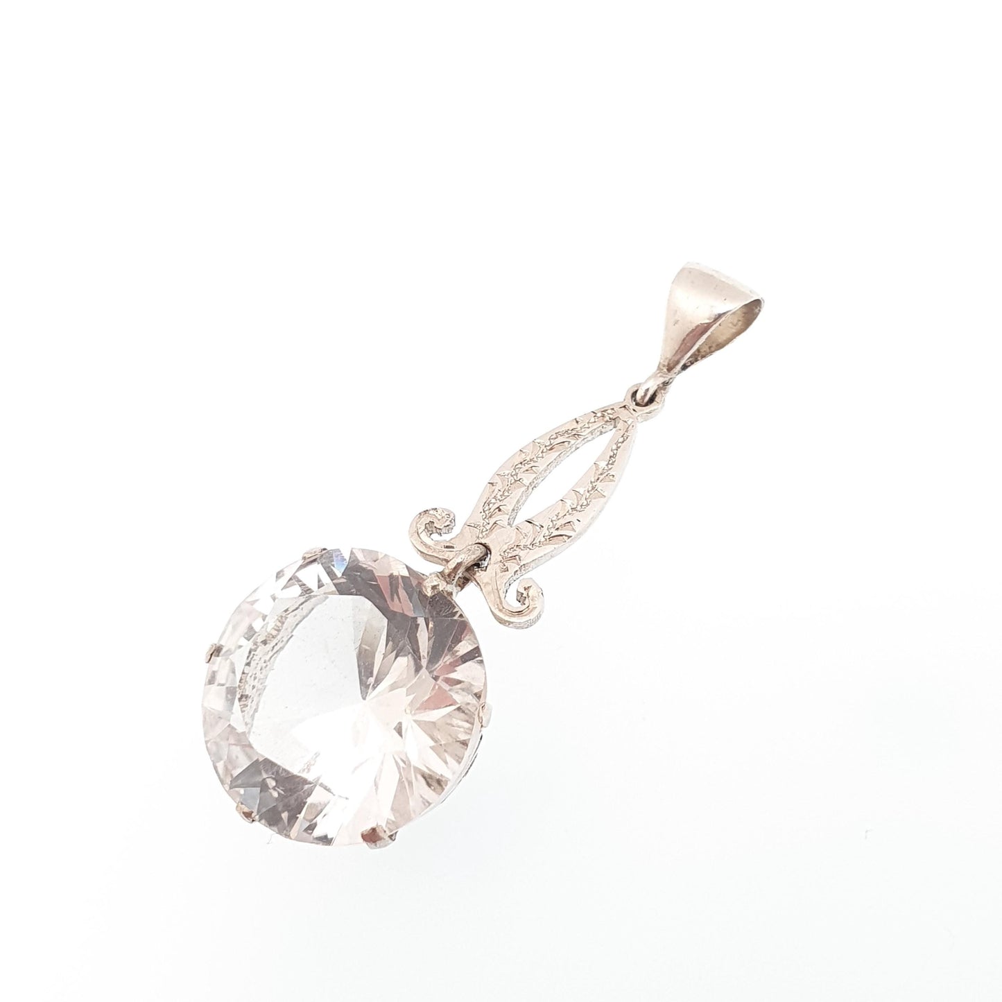 Antique Solid Silver White Sapphire Pendant Necklace White Gemstone Large Big Round Cut Drop Hanging Genuine Vintage