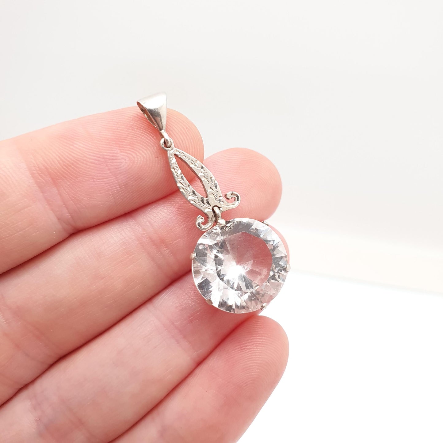 Antique Solid Silver White Sapphire Pendant Necklace White Gemstone Large Big Round Cut Drop Hanging Genuine Vintage
