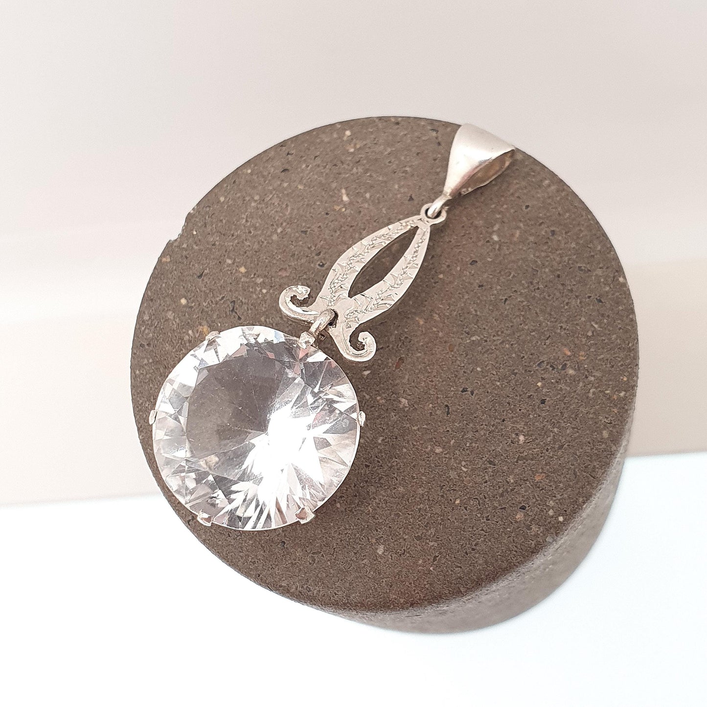 Antique Solid Silver White Sapphire Pendant Necklace White Gemstone Large Big Round Cut Drop Hanging Genuine Vintage