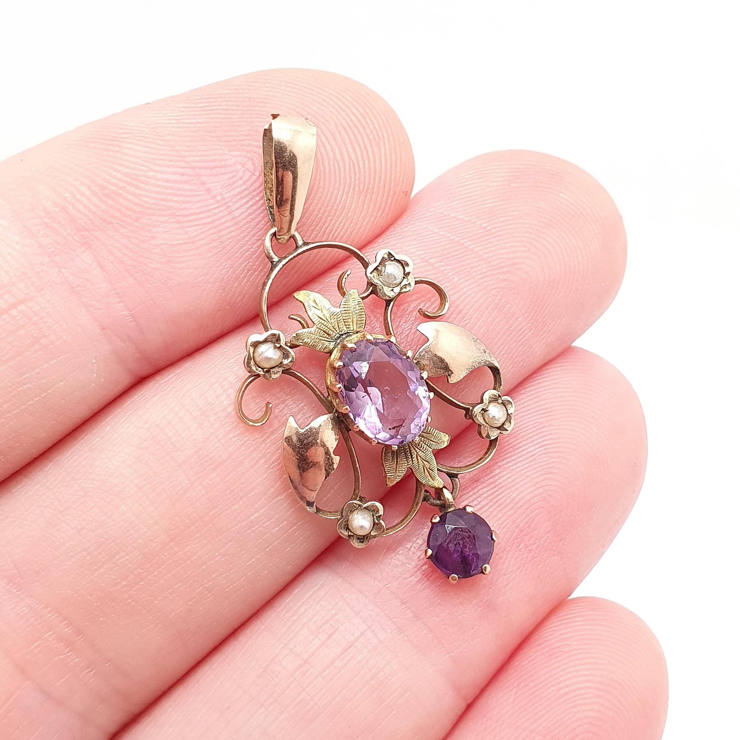 Antique 9ct Gold Amethyst Seed Pearl Pendant Necklace Brooch Edwardian Solid 375 Openwork Art Nouveau Vintage Jewellery Jewelry