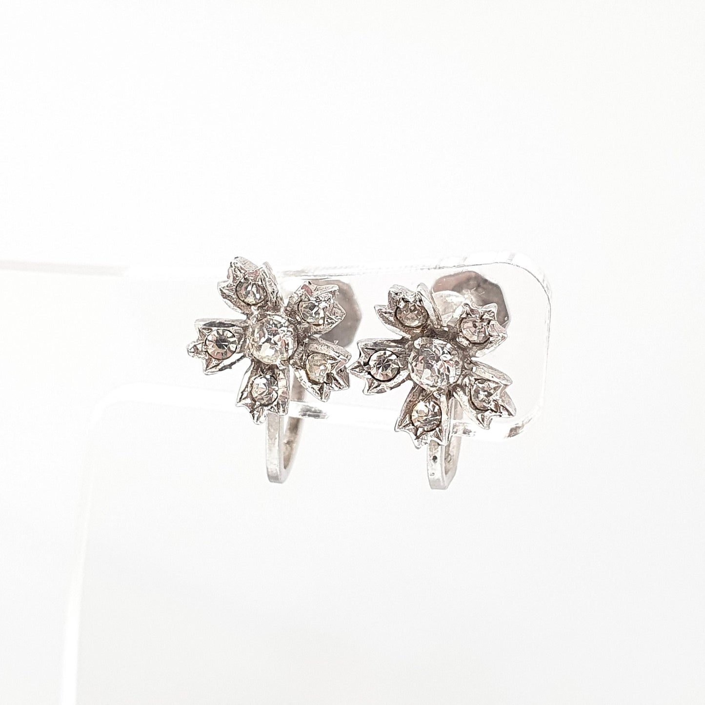 Antique Sterling Silver Diamond Paste Flower Earrings Art Deco SCP Ciro 1920s Vintage Sparkly Jewelry Jewellery
