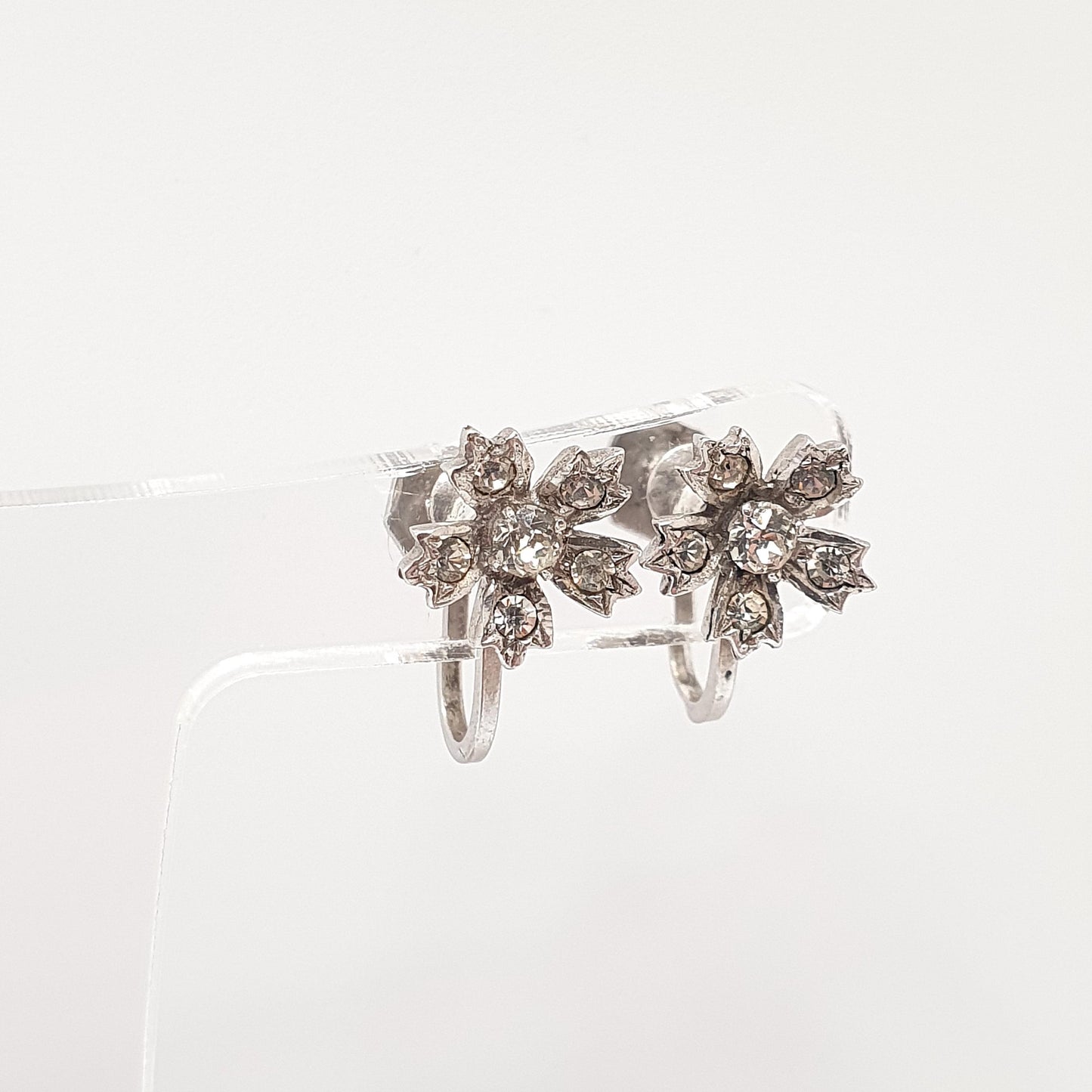 Antique Sterling Silver Diamond Paste Flower Earrings Art Deco SCP Ciro 1920s Vintage Sparkly Jewelry Jewellery