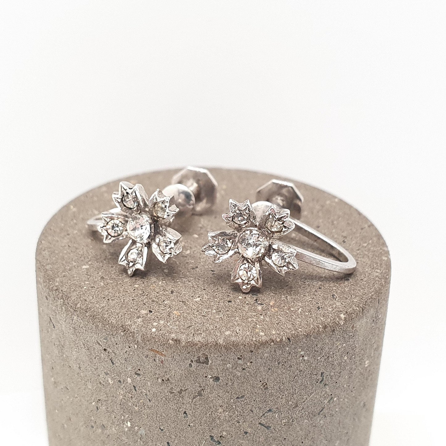 Antique Sterling Silver Diamond Paste Flower Earrings Art Deco SCP Ciro 1920s Vintage Sparkly Jewelry Jewellery