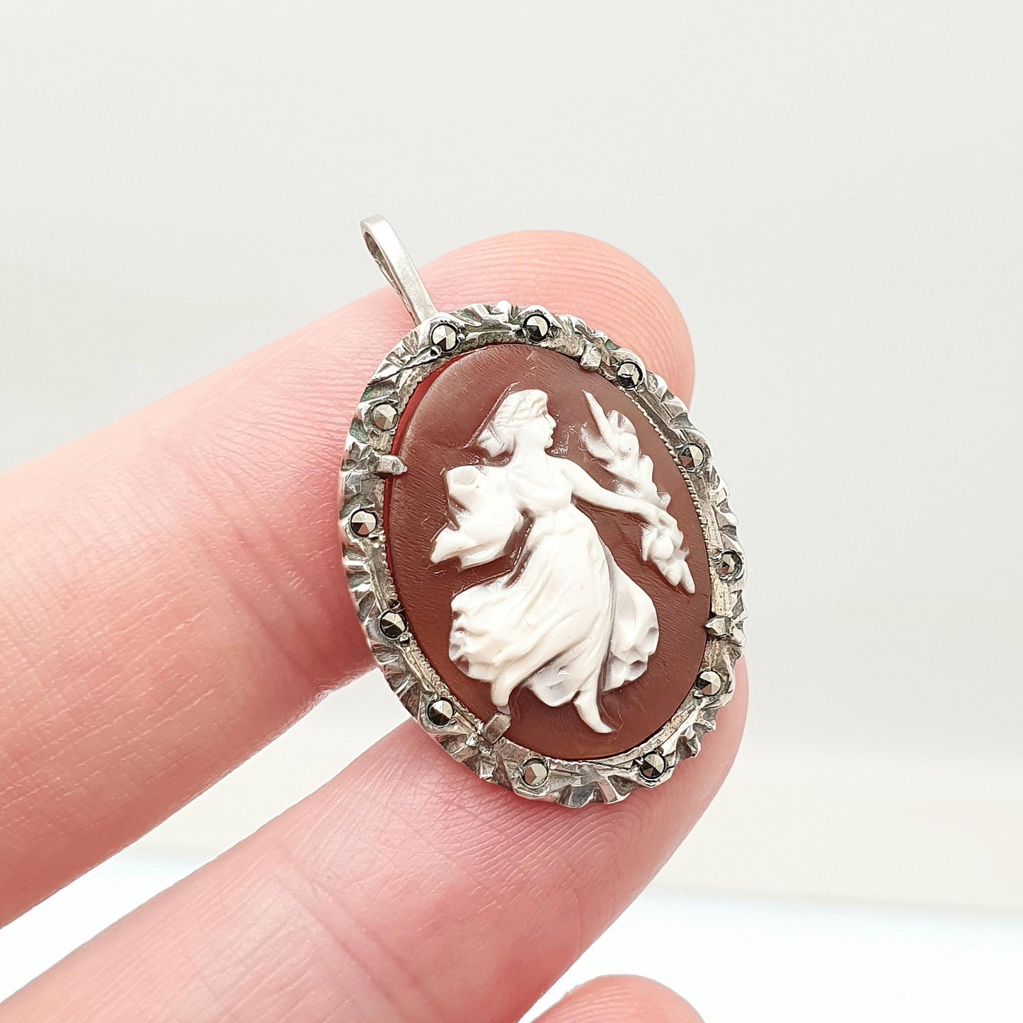 Antique Solid Silver Grace Cameo Necklace Pendant Marcasite Art Deco Shell Hand Carved Italian Jewelry Jewellery Jewelry