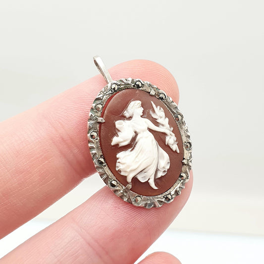 Antique Solid Silver Grace Cameo Necklace Pendant Marcasite Art Deco Shell Hand Carved Italian Jewelry Jewellery Jewelry