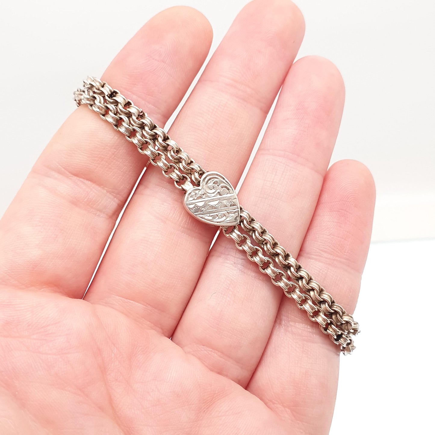 Antique Solid Silver Albertina Bracelet Victorian Heart Slider Belcher Rolo Link 10.87g 18cm Vintage Jewelry Jewellery