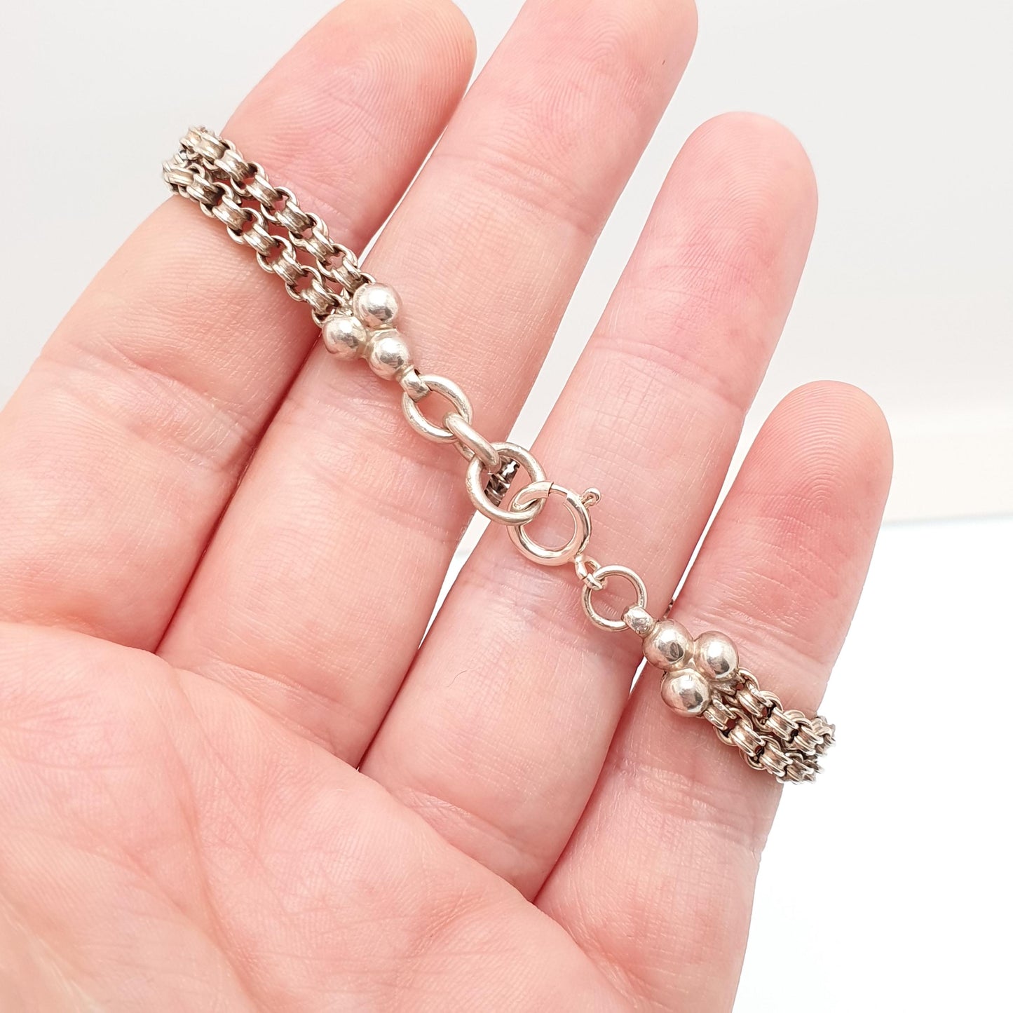 Antique Solid Silver Albertina Bracelet Victorian Heart Slider Belcher Rolo Link 10.87g 18cm Vintage Jewelry Jewellery