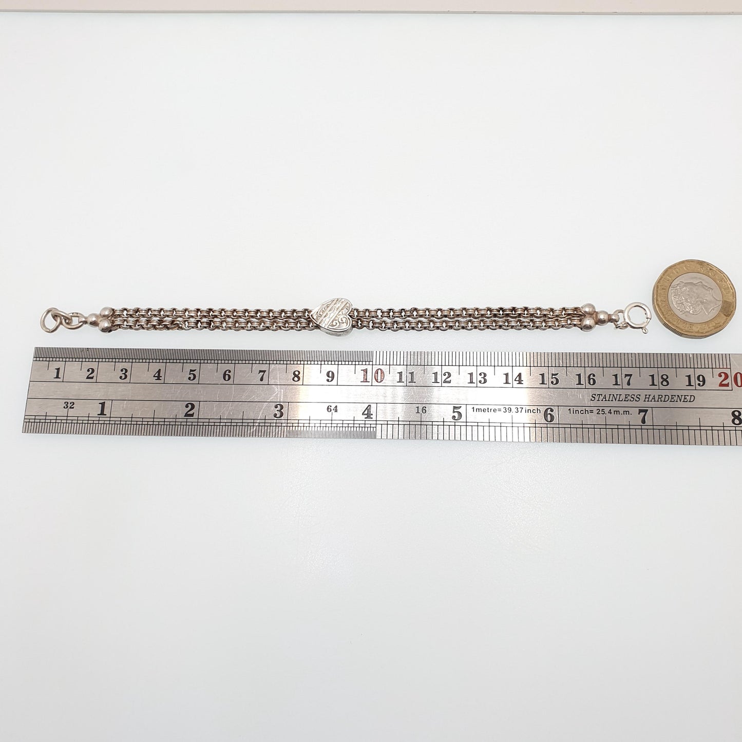 Antique Solid Silver Albertina Bracelet Victorian Heart Slider Belcher Rolo Link 10.87g 18cm Vintage Jewelry Jewellery