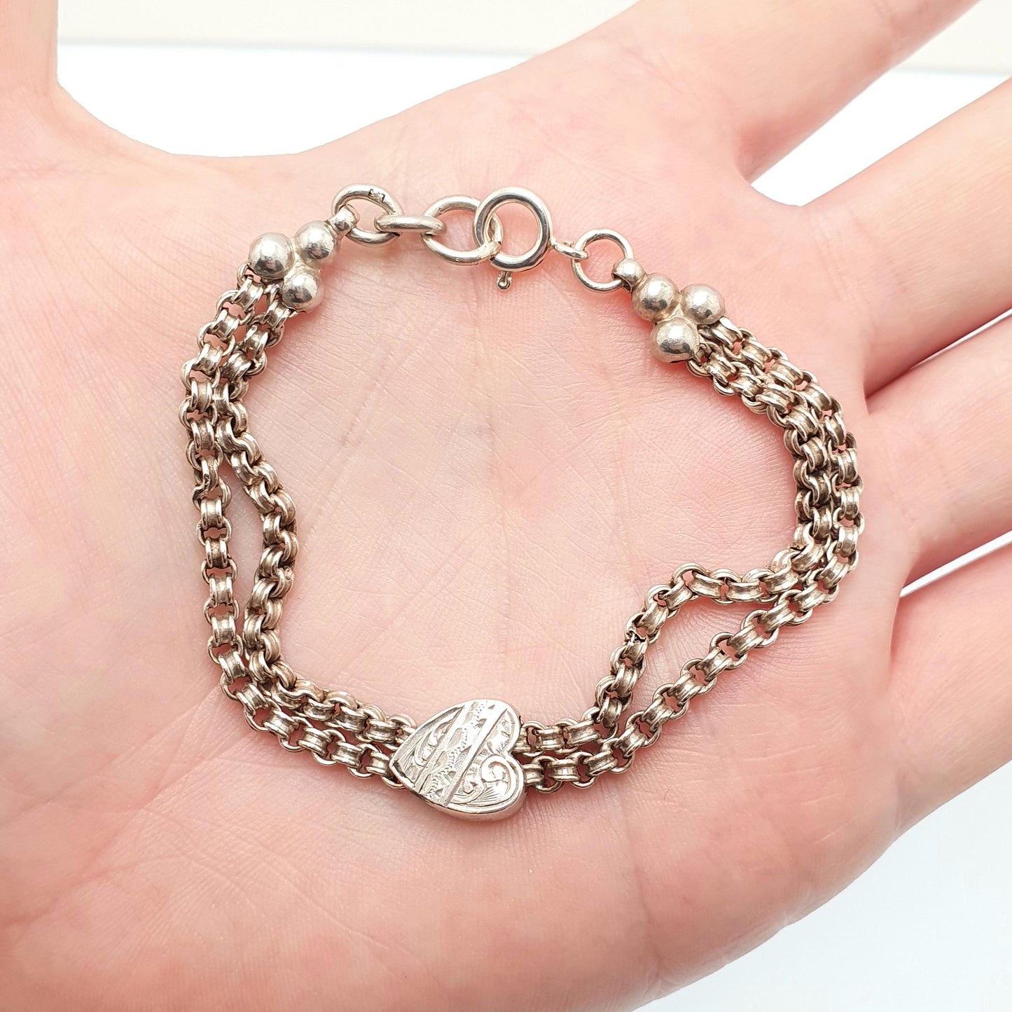 Antique Solid Silver Albertina Bracelet Victorian Heart Slider Belcher Rolo Link 10.87g 18cm Vintage Jewelry Jewellery