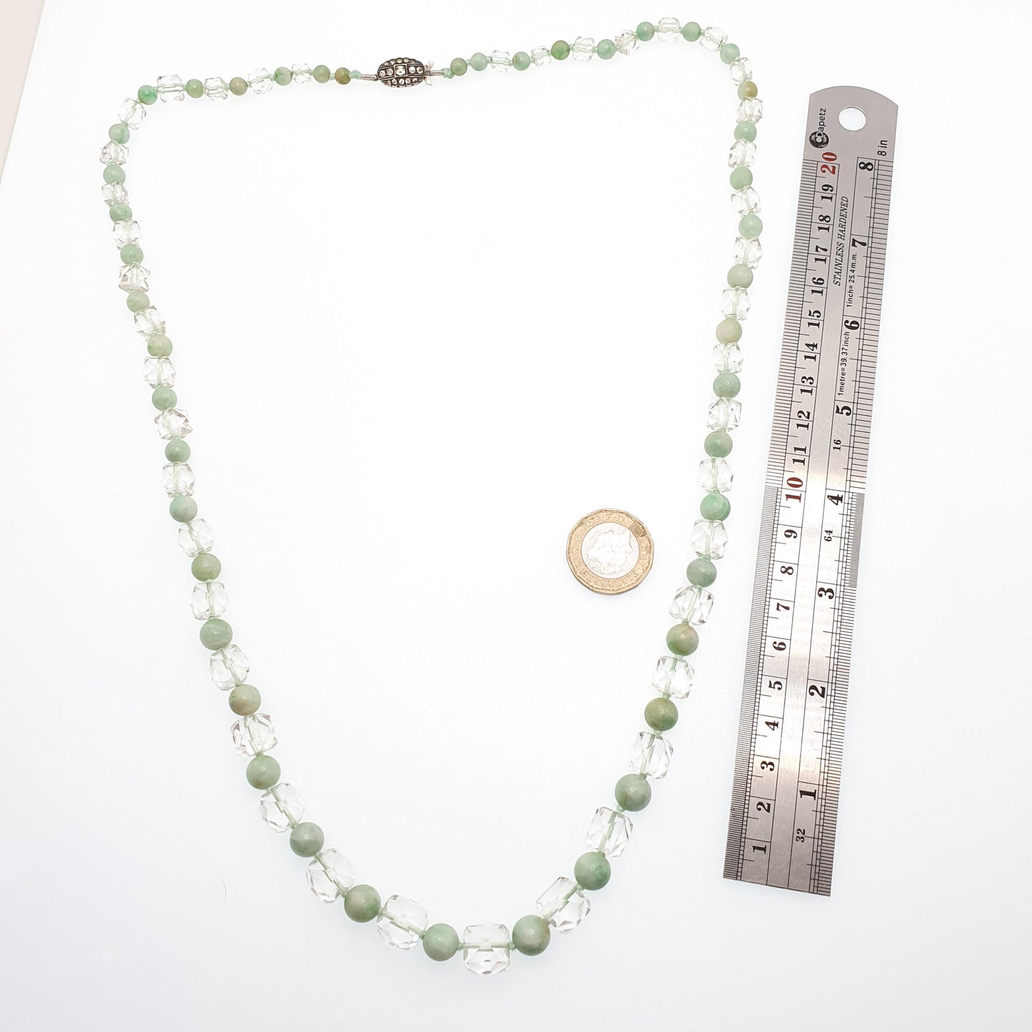 Antique Jade & Rock Crystal Bead Necklace Art Deco 1920s White Quartz 178cm 70" Solid Silver Paste Clasp Square Faceted Round Beads