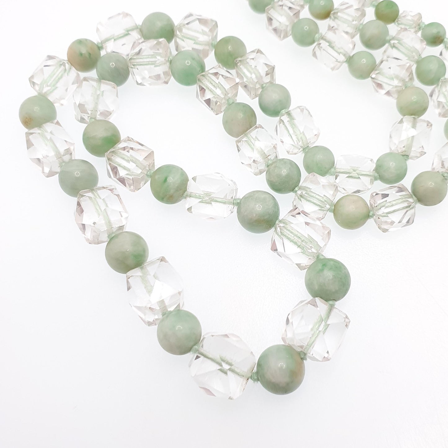Antique Jade & Rock Crystal Bead Necklace Art Deco 1920s White Quartz 178cm 70" Solid Silver Paste Clasp Square Faceted Round Beads