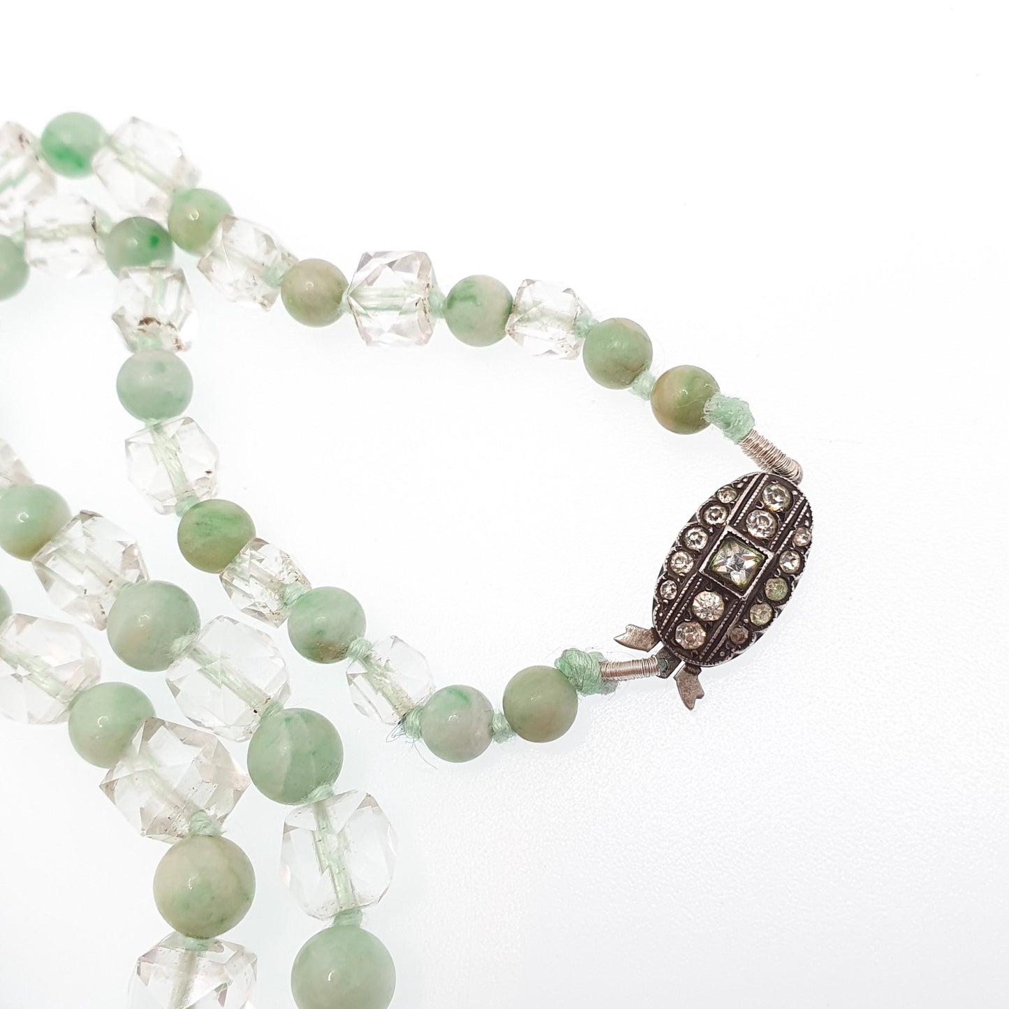 Antique Jade & Rock Crystal Bead Necklace Art Deco 1920s White Quartz 178cm 70" Solid Silver Paste Clasp Square Faceted Round Beads