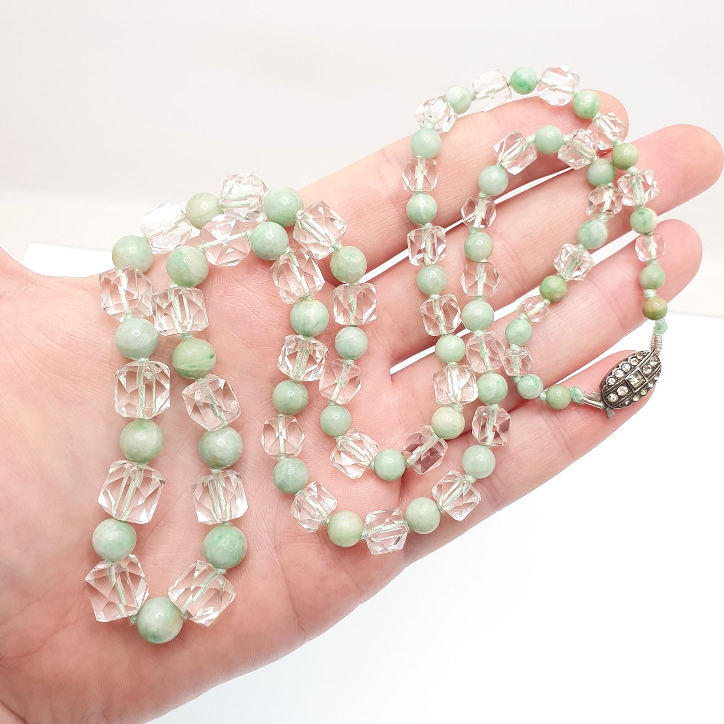 Antique Jade & Rock Crystal Bead Necklace Art Deco 1920s White Quartz 178cm 70" Solid Silver Paste Clasp Square Faceted Round Beads