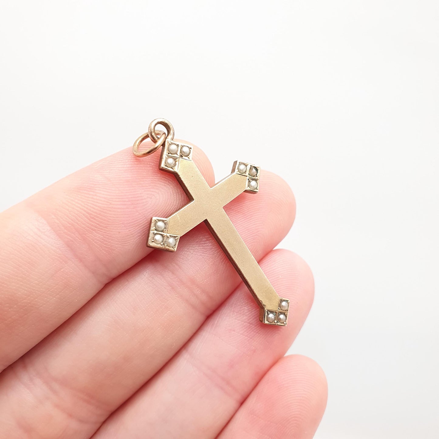 Antique Victorian 9ct Gold Front Seed Pearl Crucifix Pendant Cross Necklace Base Metal Body Solid 9k 375 Face Vintage