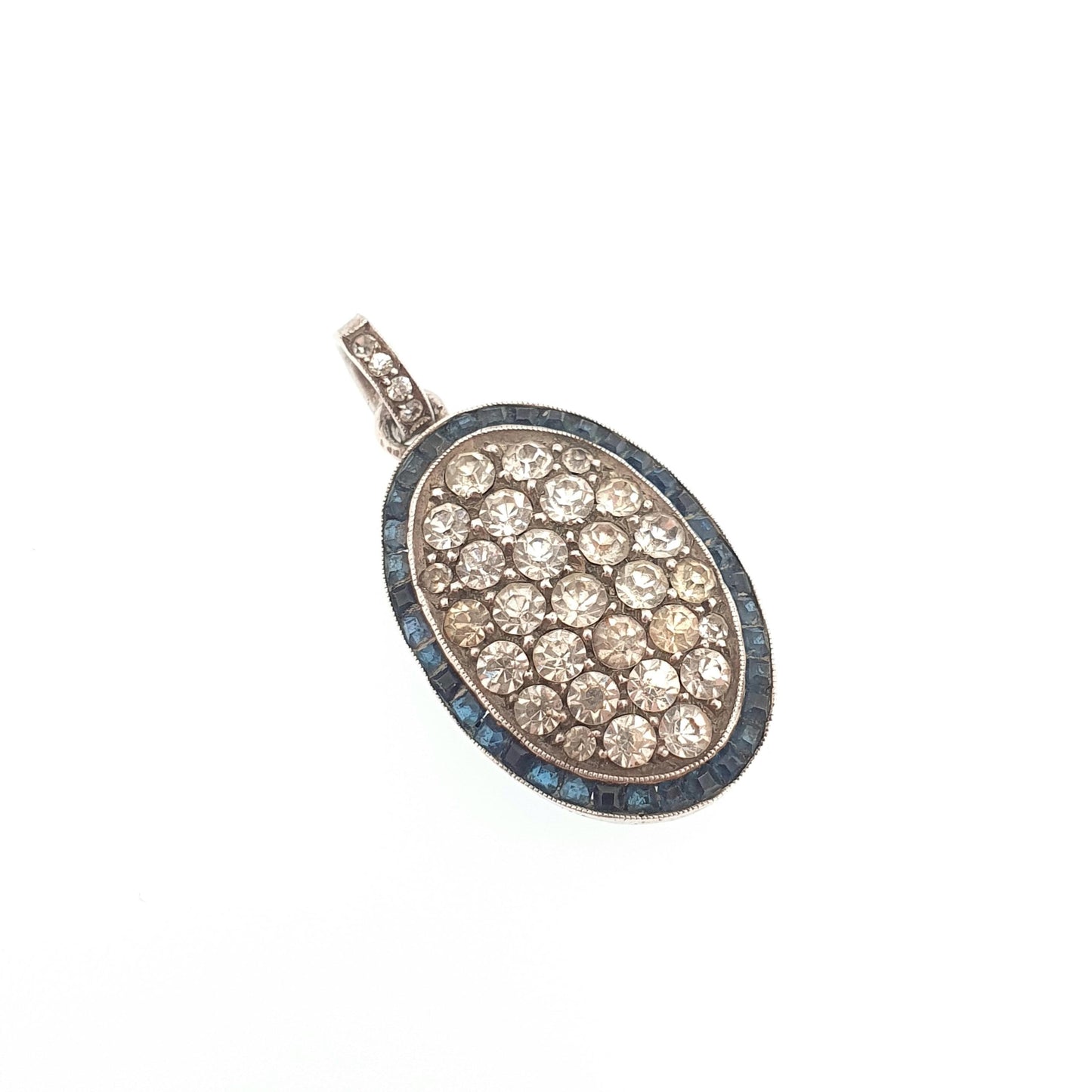 Antique Art Deco Solid Silver Sapphire Paste Pendant Diamond Pastes Channel Set Oval Necklace Vintage Jewellery Jewelry