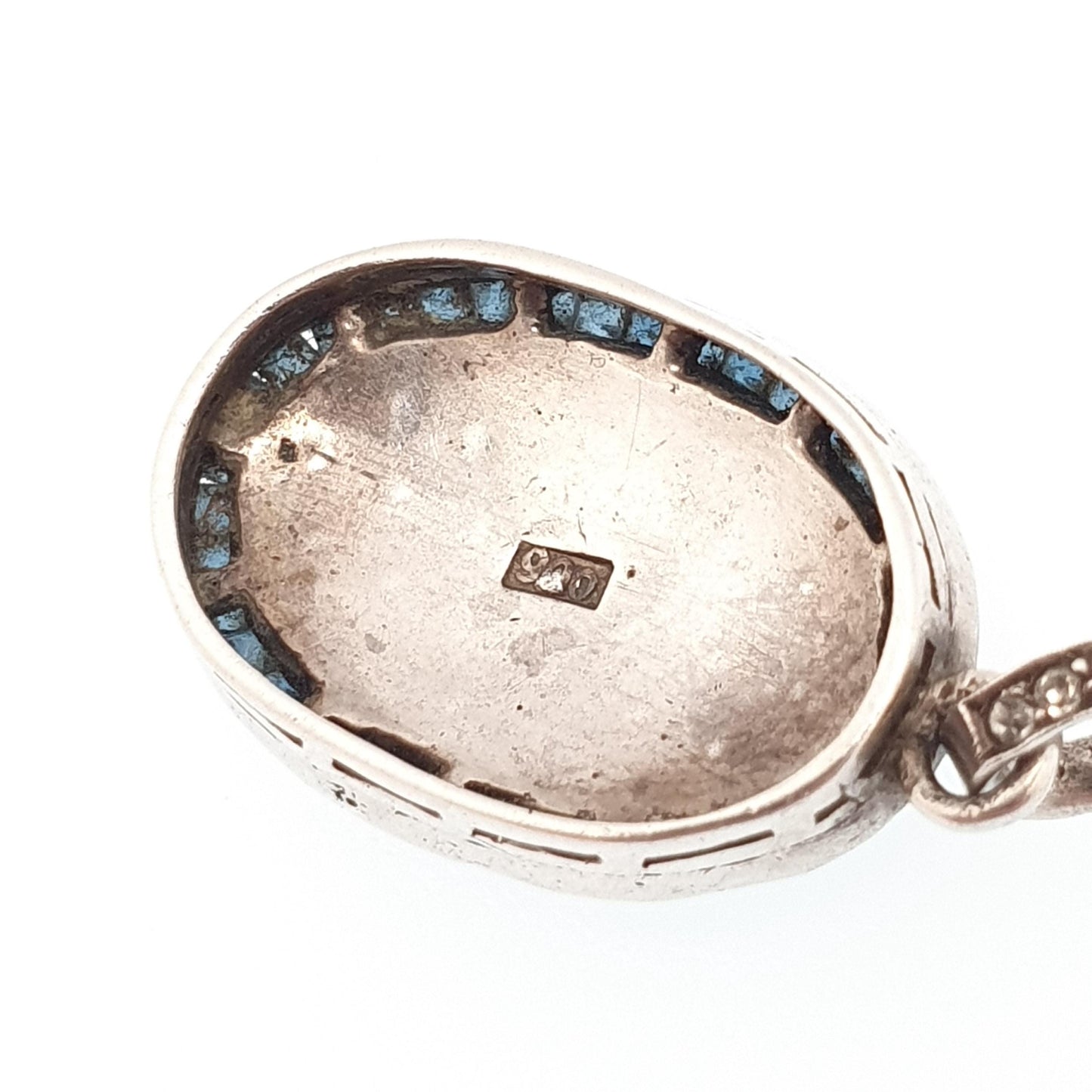 Antique Art Deco Solid Silver Sapphire Paste Pendant Diamond Pastes Channel Set Oval Necklace Vintage Jewellery Jewelry