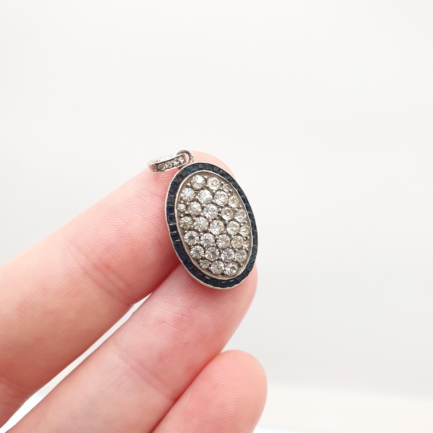 Antique Art Deco Solid Silver Sapphire Paste Pendant Diamond Pastes Channel Set Oval Necklace Vintage Jewellery Jewelry