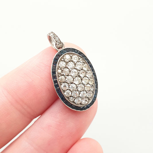 Antique Art Deco Solid Silver Sapphire Paste Pendant Diamond Pastes Channel Set Oval Necklace Vintage Jewellery Jewelry