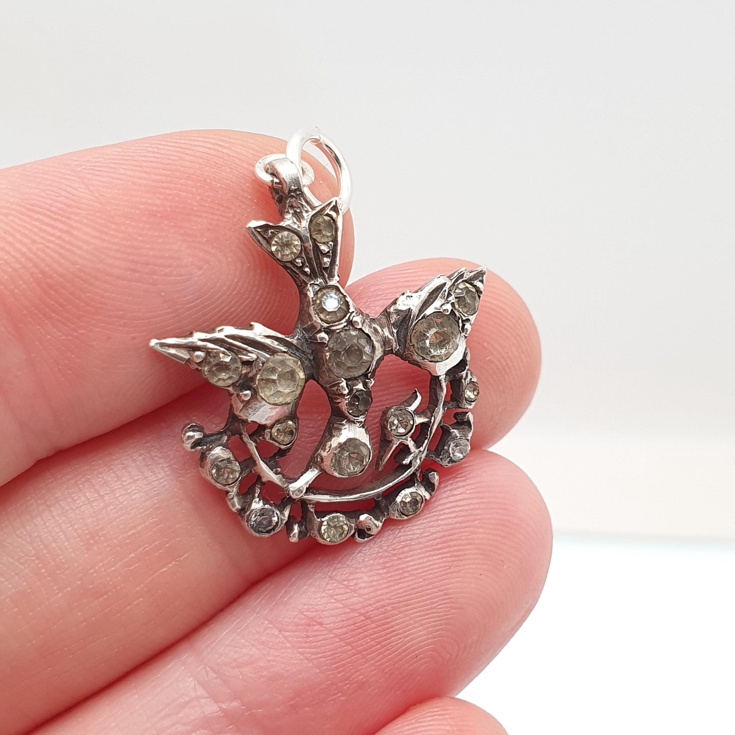 Antique Solid Silver Diamond Paste Bird Pendant Georgian Necklace Brooch Pin Songbird Sweetheart Swallow Vintage Womens Jewellery Jewelry