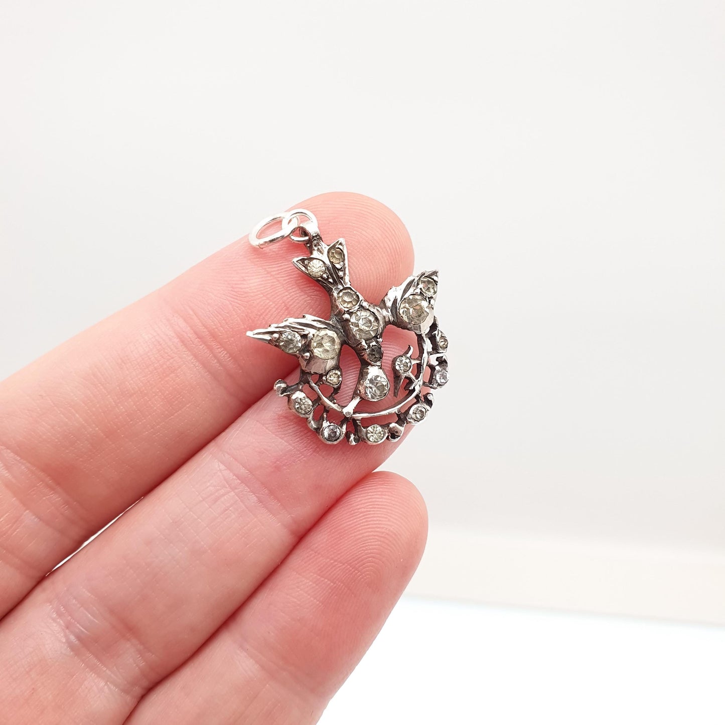 Antique Solid Silver Diamond Paste Bird Pendant Georgian Necklace Brooch Pin Songbird Sweetheart Swallow Vintage Womens Jewellery Jewelry