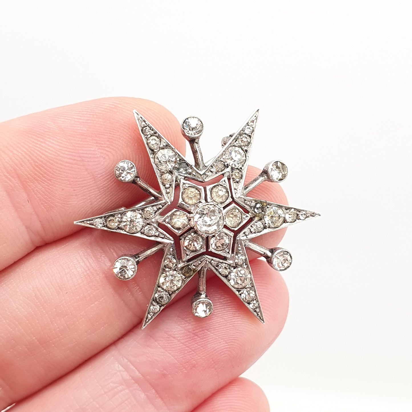 Antique Solid Silver Diamond Paste Star Brooch Art Deco Sparkly Pin Celestial Starry Night Fine Jewelry Jewellery Vintage