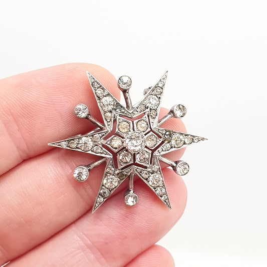 Antique Solid Silver Diamond Paste Star Brooch Art Deco Sparkly Pin Celestial Starry Night Fine Jewelry Jewellery Vintage
